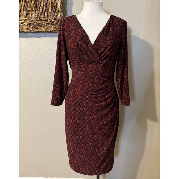 Ralph Lauren Dress 12 Black Red Plum 3/4 Long Sleeve Stretch Sheath Washable NEW - Picture 5 of 12